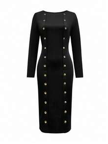 Đầm nữ màu đen thanh lịch, cổ tròn, cài cúc phía trước, màu trơn, thích hợp cho mùa xuân. - màu đen - Xem 2