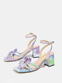 女士高跟鞋，适合派对、圣诞节、户外活动、旅行，采用粗跟、方头、紫罗兰花朵装饰、踝带、蛇纹纹理、撞色设计，高级优雅薰衣草色凉鞋 - 淡紫色 - 查看 7