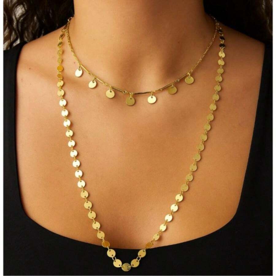 Set Of 2 Women's Gold Plated Necklaces – Choker With Charms + Long Gold Necklace - 金色 - 查看 1