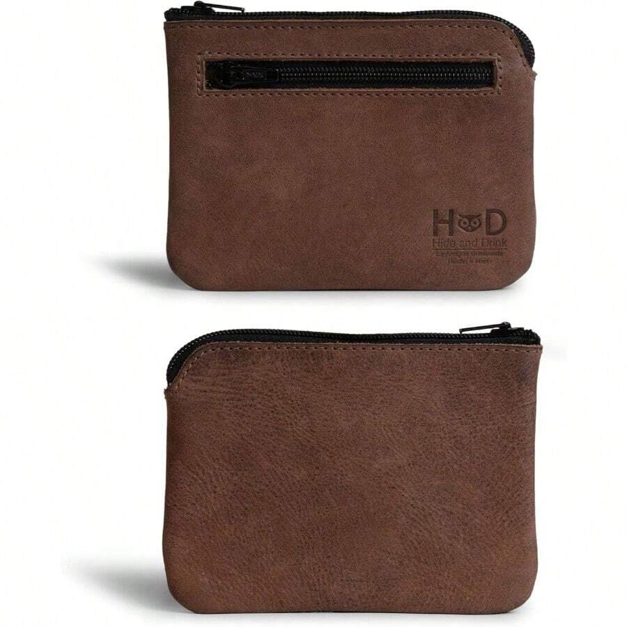 Hide Drink, Bolsa con cierre hecha a mano de piel de grano completo, bolsa compacta para monedas, objetos personales pequeos, dinero en efectivo y tarjetero, color caf bourbon, Bourbon Marrn - inicial - Ver 1