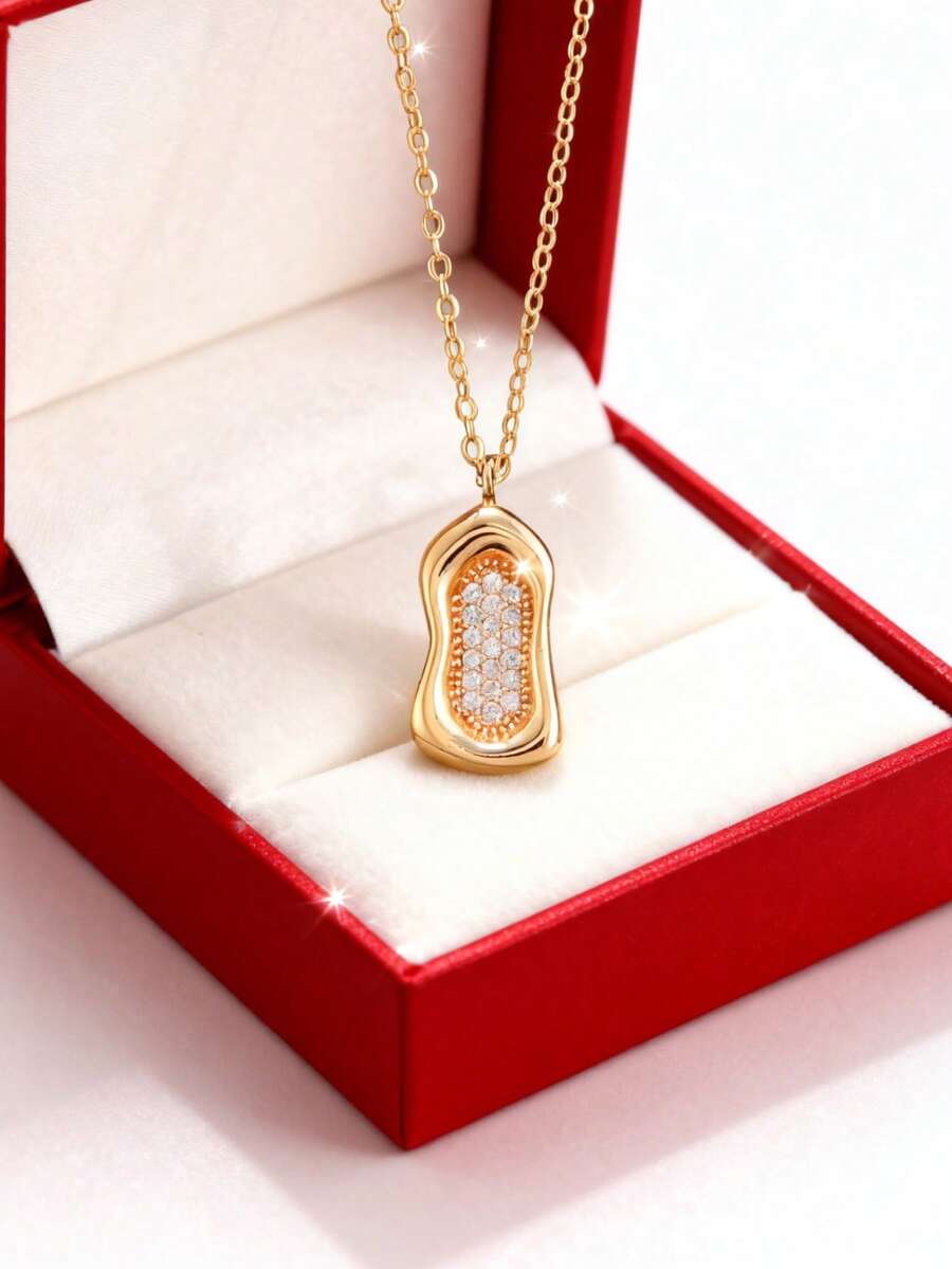1pc Fashionable & Elegant Cubic Zirconia Stainless Steel Necklace, Suitable For Women's Daily Wear, Jewelry Gift For Valentine's Day - Gold - View 1