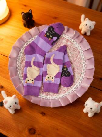 1 Pair Purple Cat Design Mid-Calf Socks, Casual & Versatile, Suitable For Halloween, Christmas