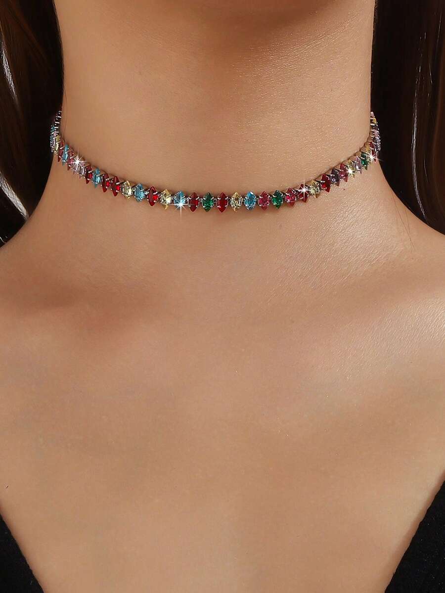 1 pieza Collar gargantilla de mujer con circonita geométrica, versátil para uso diario y vestidos de noche - Color plateado mixto - Ver 1