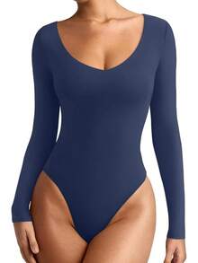 V Neck Long Sleeve Bodysuit - Comfy Double Lined Basic Top - Deep Blue - View 1