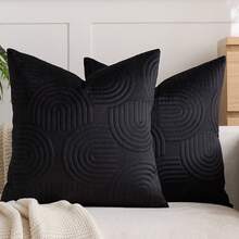 1/2 Pcs Plush Plush Decorative Throw Pillow Cover, Geometric Quilted Cushion Cover, Fluffy Soft Solid Color Rectangular Pillow Sham - Black - View 8