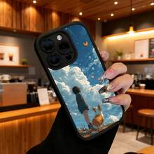 Cubierta de teléfono con borde negro diseño de cielo nubes niña y perro azul claro para uso diario y trabajo - Café integral - Ver 6