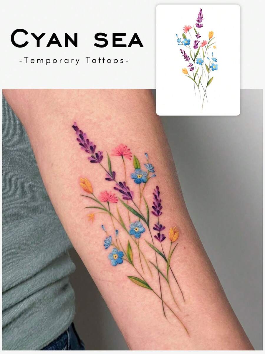 Waterproof, Sweatproof, Washable, Non-Reflective Temporary Tattoo Sticker, 1 Piece Of Cartoon Flower, Colorful Daisy Flower Tattoo Sticker, Suitable For People, Lasting 3-5 Days - 彩色 - 查看 1