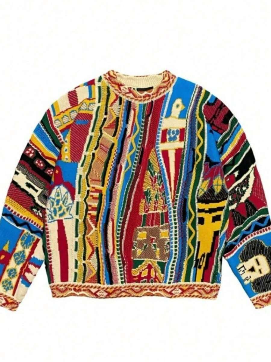 Autumn And Winter New Retro Fashion Guochao Casual Thick Needle Sweater 3D Digital Printing Men's Crew Neck Sweater - WYRR085 - 查看 1