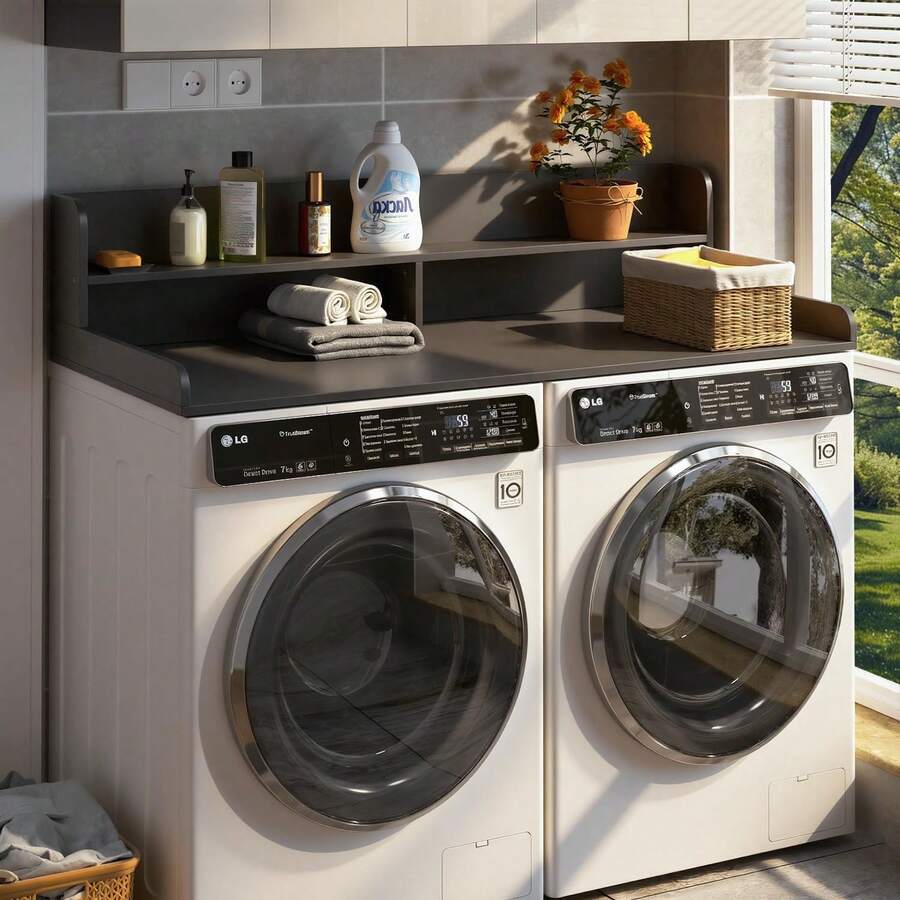 Washer Dryer Countertop With 2-Tier Shelf,Laundry Table Over Washer And Dryer With Storage Space For Laundry Room Organization - 黑色 - 查看 1