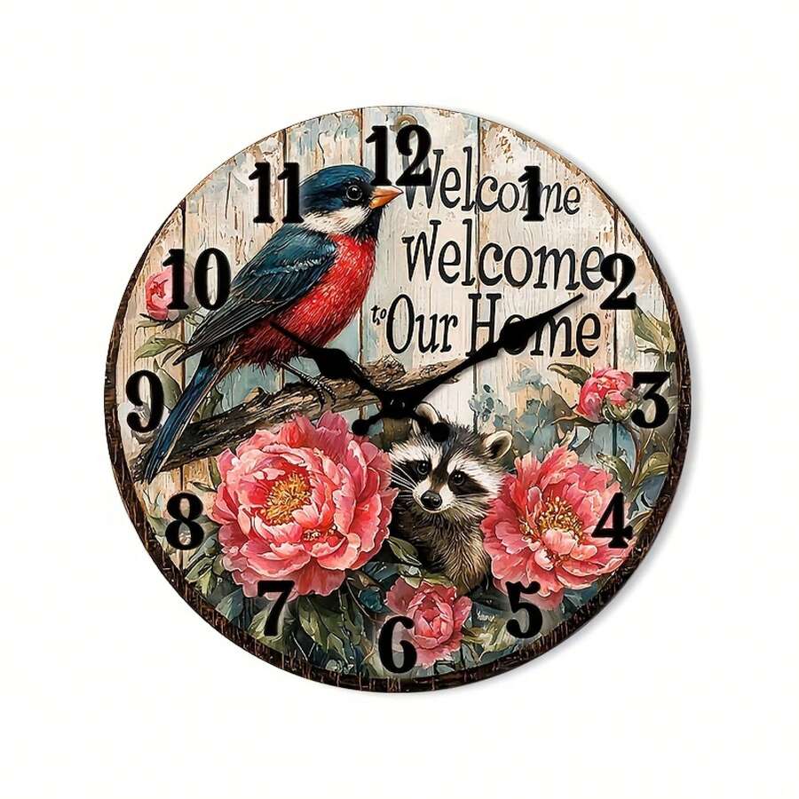 Country Farmhouse Round Wall Clock With Bird And Floral Design - Vintage Brown Wooden Silent Quartz Movement, Large Easy-To-Read Black Hands, 10/12/14/16 Inch Sizes, Suitable For Living Room, Kitchen, Office - Lightweight And Sturdy Wood, No AA Batteries Included, Ideal Housewarming Gift (Compatible With Modern And Traditional Decor) - 圖片色 - 查看 1