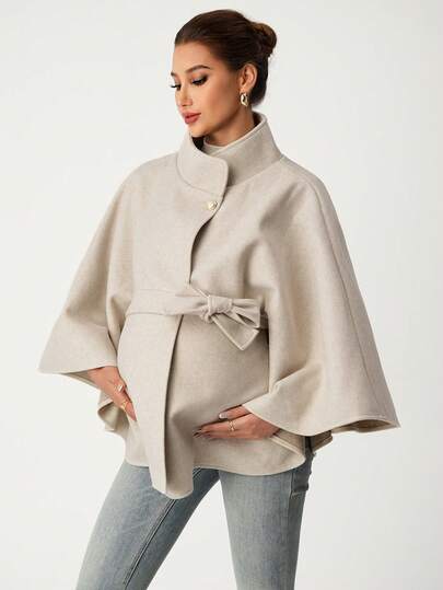 Sleeveless Stand Collar Loose Textured Woolen Cloak Jacket, Fashionable & Elegant Maternity Outerwear Suitable For Home, Daily Wear, Gatherings, Autumn/Winter, Valentine's Day