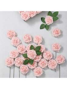 25/250pcs (1 Flower With 1 Leaf) Faux Ivory Foam Roses With Stems, Suitable For DIY Wedding Bouquets, Christening Centerpieces, Floral Art Decor, Party Table Home Decor (Packaging Not Included) - Baby Pink - View 3