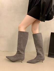 Minimalist Pointed Toe Over-The-Knee Boots For Women, New French Style Slim High Heel Riding Tall Boots For Autumn/Winter,Kitten Heels - Grey - View 3