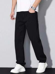 Pantalones vaqueros casuales de unicolor con cintura elástica para niño preadolescente, para todas las estaciones - Negro - Ver 4