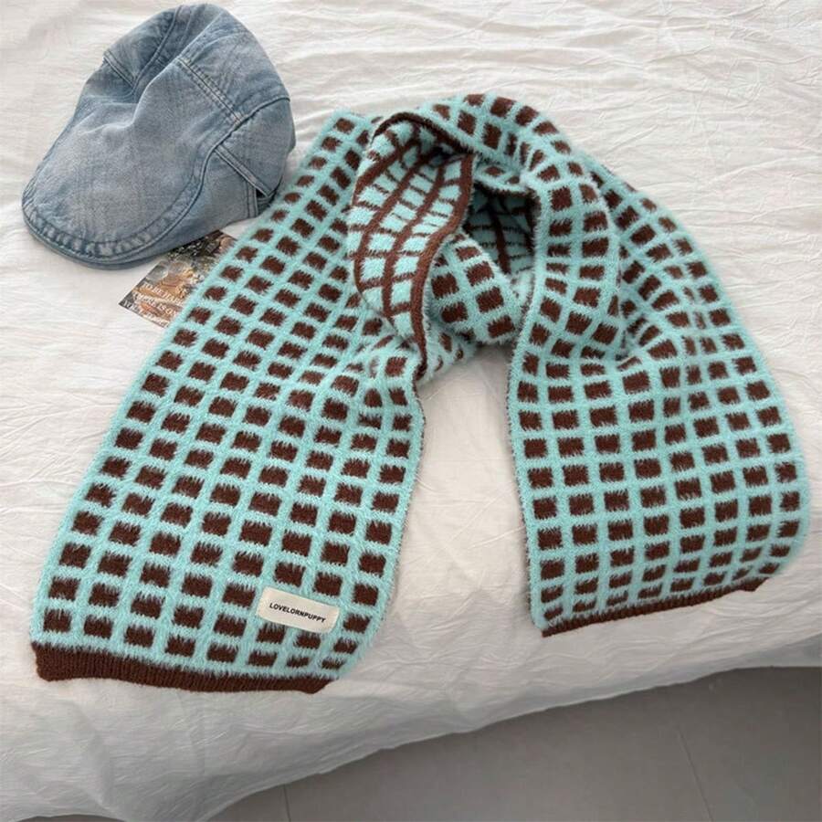 Bufanda a cuadros para mujer, elegante chal de color contrastante, estolas cálidas de invierno para uso diario informal. - verde menta - Ver 1