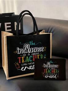 Túi tote vải lanh in chữ "Thầy cô giáo" sáng tạo, kèm ví và túi đựng mỹ phẩm, túi xách vải lanh thời trang dùng hàng ngày, túi tote vải lanh dung tích lớn, túi mua sắm đa chức năng, quà tặng tri ân thầy cô, thiết kế độc đáo, dung tích lớn, phù hợp cho các cặp đôi, bạn bè, đồ dùng cần thiết cho năm học mới, quà tặng ngày Nhà giáo. - Nhiều màu - Xem 14
