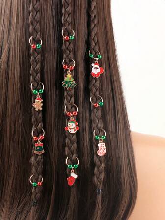12pcs Christmas Beaded Dreadlock Rings, Christmas & New Year Holiday Accessories, Headband Hair Clips, Women's Holiday Hair Clips For Halloween, Makeup Party, Holiday Decoration