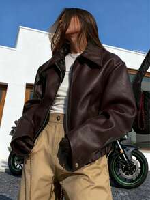 Black Edgy Biker Casual Loose Long Sleeve Leather Jacket For Women, Autumn/Winter Fall Cloth For Women - 棕色 - 查看 3