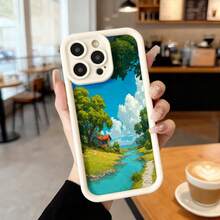 Cubierta de teléfono con borde negro diseño paisaje natural con río y casa entre árboles para uso diario en cafeterías y exteriores Aplicable a los teléfonos de la serie Apple y Galaxy - Blanco - Ver 2