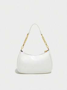 New Fashion Classic Multifunctional PU Waterproof Fabric, Letter Pattern Decoration Design, Solid Color Single Shoulder Crescent Bag, Chain Single Shoulder Armpit Bag With Cherry Pendant Decoration, Fashionable Women's Single Shoulder Bag, Business Commuting Bag, Lightweight, Suitable For Shopping And Gatherings, Can Be Carried Around. - 白色 - 查看 3