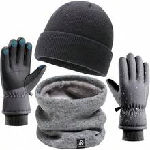Kit 3pzs Guantes para Frio y Gorro Invierno Bufanda,Diseño de Forro de Felpa,Guantes de Invierno con Pantalla Táctil y Impermeable,para Ciclismo, Running, Esquí, MontañIsmo, Hombre y Mujers - Gris - Ver 13