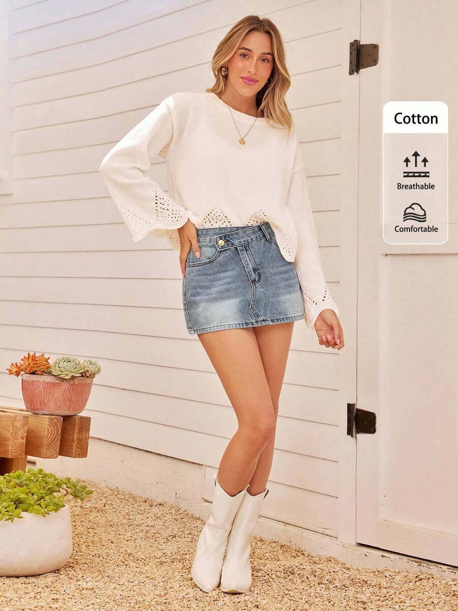 Coeurva Jupe courte en jean mini décontracté avec poches asymétriques à la taille pour femmes - Bleu azur - Voir 1