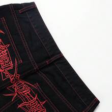 男士新款时尚休闲酷炫刺绣宽松水洗黑色牛仔裤 - 紅色 - 查看 7