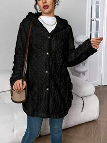New Year's And Christmas Elegant Black Faux Fur Hooded Women's Cardigan Wool Sweater - Long Sleeved, Pocket Button Mid Length Winter Coat, Warm And Fashionable Autumn And Winter Coat, Comfortable Clothing | Button Cardigan Wool Sweater | Structured Design - 黑色 - 查看 5