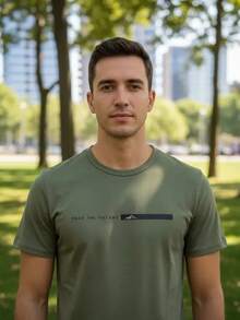 Camiseta de manga corta de cuello redondo con estampado de letras corte slim para hombre camisetas casuales de verano para hombres diseño moderno y cómodo,estilo urbano, diseño impreso, playera casual, camiseta basica - Verde militar - Ver 7