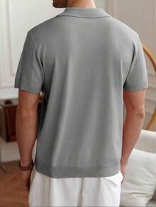 Men's Casual Summer Polo Top With Stripes And Patchwork Knit, Men's Summer Polo Top, Solid Color Short Sleeve Knit Sweater For Men, Summer Fashion - 灰色 - 查看 2