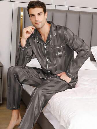 男士缎面睡衣套装，长裤真丝睡衣外套，纽扣式长袖开衫，条纹字母刺绣上衣，春秋季家居服两件套