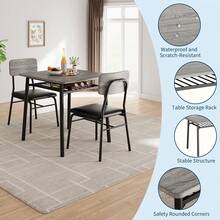 Mesa de comedor para 2 personas con estante de almacenamiento, mesa de cocina pequeña para 2 personas con estructura metálica, mesa cuadrada con juego de 2 sillas tapizadas, juego de comedor de 3 piezas para espacios pequeños, apartamento - Gris - Ver 6