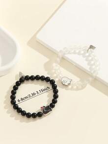 ATLVXJL 2pcs/Set Couple Glow-In-The-Dark Heart & Elf Finger Heart Black Transparent Bead Bracelet Set, Couple Jewelry For Daily Wear And Valentine's Day Gift - Multicolor - View 11