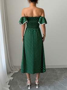 Women's Elegant Gyaru Street Style Off-Shoulder Polka Dot Cutout Waist Long Dress Summer Vacation Dress - Green - View 3