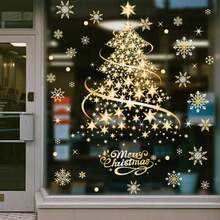 1 pieza Pegatina navideña, árbol de Navidad dorado y plateado, calcomanía de copo de nieve con adherencia estática para ventana, pegatina de vidrio, decoración de exhibición, diseño impermeable, sin necesidad de pegamento, reutilizable, adecuado para pared y puerta de vidrio con tema navideño - Multicolor - Ver 4