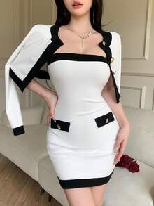 abyoxi 女款拼色金色單排扣長袖圓領短版針織開襟外套，搭配抹胸修身迷你洋裝，彈性針織面料兩件套，復古優雅迷人時尚，適合辦公通勤、日常出遊、休閒聚會、約會，秋冬穿搭 - 白色 - 查看 4