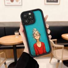 Cubierta de teléfono con borde negro y diseño de dibujo animado de chica con gafas y cabello azul sobre fondo turquesa para uso diario en cafeterías y espacios urbanos Aplicable a los teléfonos de la serie Apple y Galaxy - Blanco - Ver 3