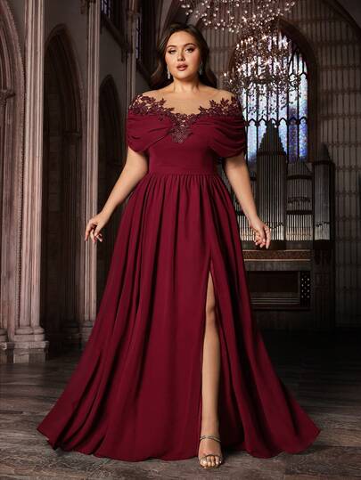 Váy dạ hội dự tiệc bằng vải voan chiffon thiết kế tỉ mỉ dành cho nữ, váy dạ hội màu trơn cỡ lớn, cổ tròn, dài