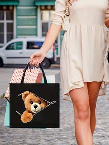 Cute Teddy Bear Zipper Tote Bag, Hand Bags, Purse, Large Capacity Foldable Handbag ,Teddy Tote Bag,Large Makeup Bag,Makeup Pouch, Simple Makeup Storage Bag With Zipper, Stationery Supplies Bag,With Ic Closure, Black & Brown Teddy Bear Print Design, Golden-Toned Zippers,Ideal Gift For Teachers, Friends ,Weddings, Birthdays, Women's Cosmetics Storage,Travel Essential ,Travel Essential Bag - Multicolor - View 5