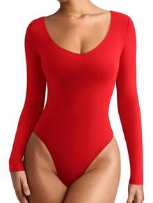 V Neck Long Sleeve Bodysuit - Comfy Double Lined Basic Top - Red - View 11
