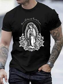 Camiseta estampada de cuello redondo y manga corta,1 Playera Hombre Estampado Our Lady of Guadalupe Blanco y Negro Moda Casual de manga corta - Negro - Ver 1