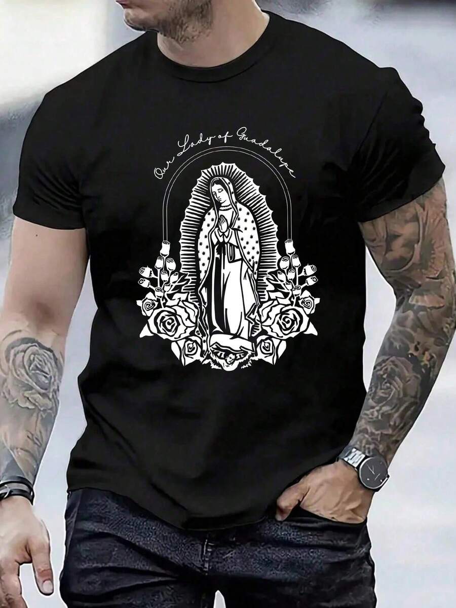 Camiseta estampada de cuello redondo y manga corta,1 Playera Hombre Estampado Our Lady of Guadalupe Blanco y Negro Moda Casual de manga corta - Negro - Ver 1