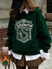 1pc Snake Pattern Green Sweatshirt, Fleece Lining Loose Pullover, Wizard Theme Print Women Round Neck Top - Dark Green - View 1