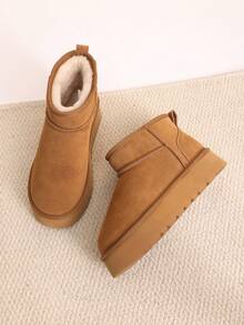 Women's Winter Furry Ankle Snow Boots,1.5 Inch Genuine Platform Booties Slip On Outdoor Indoor Shoes Fashion Warm Comfortable For Christmas Festival Commute Chestnut Boots - 紫紅色 - 查看 1