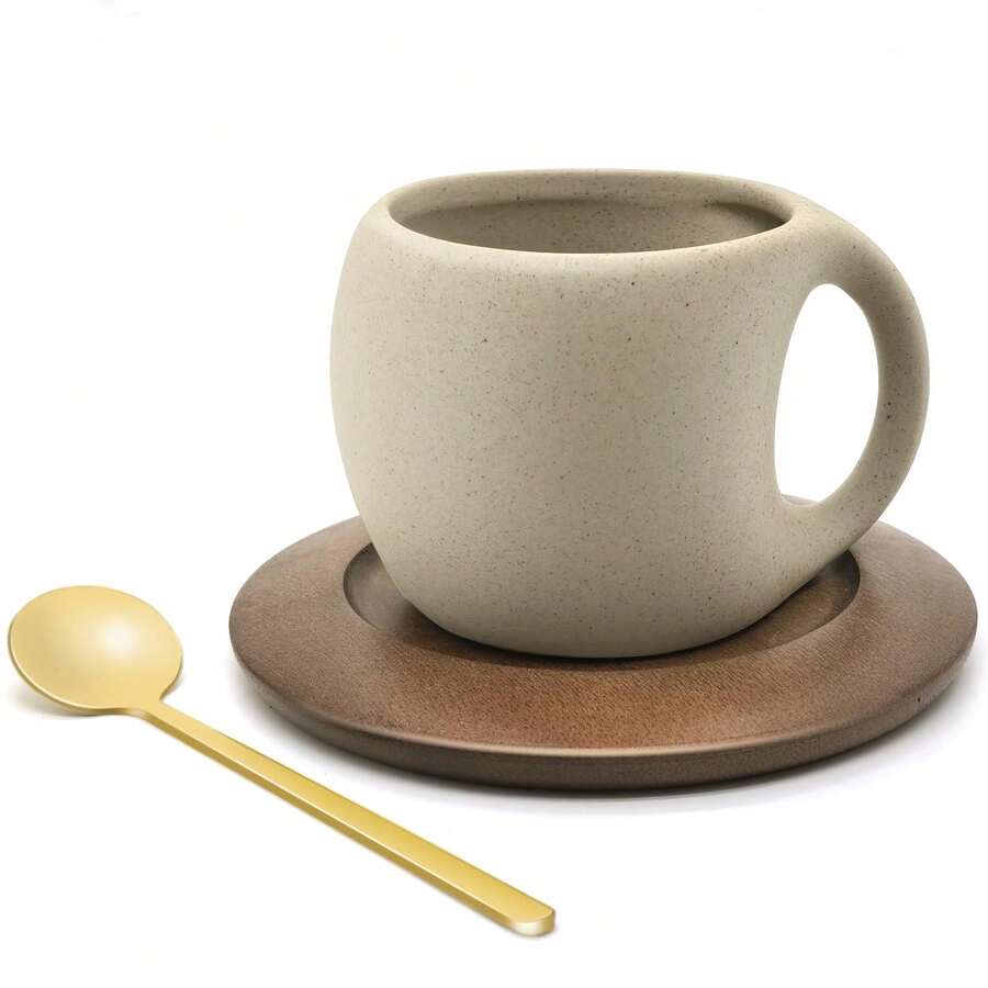 A Set Of Old Ceramic Coffee, Plates, Wooden Pads And Metal Spoons, Rough Handcrafted Pottery And Personal Coffee Cups For Returning To School, Afternoon Tea Cups, Plates, Spoons And Flower Tea Cups, A Set Of Ceramic Coffee Cups And Plates Suitable For Schools, Living Rooms And Dining Rooms