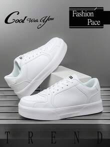 男士极简纯白拼接字母低帮系带运动鞋，户外休闲百搭日常通勤舒适休闲鞋 - 白色 - 查看 3