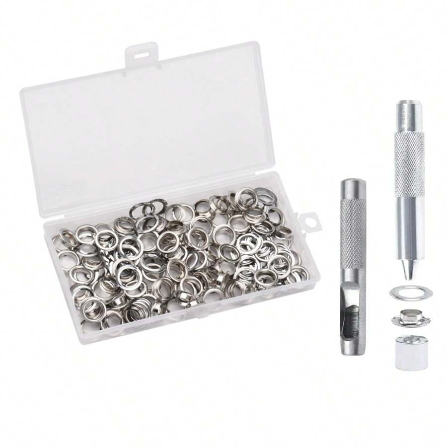 Juego de 100 herramientas de ojales, Kit de herramientas con ojales, 1/2 pulgada, juego de 100 ojales, kit de ojales con 3 herramientas de perforación de piel, ojales de acero inoxidable para tela, lona, zapatos, lonas, kit de ojales de latón con juego de herramientas de instalación para hacer manualidades - Plateado - Ver 1