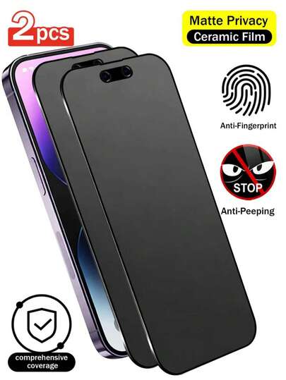 Yezodawee 2片装陶瓷磨砂防窥屏保护膜，兼容 17 Pro Max/17 Air/16 Pro Max/15 Pro Max/15 Plus/14 Pro Max/13 Mini/12 Mini/11 Pro Max/XS Max/8/7/6系列，9H硬度，防窥、防指纹、防偷拍、磨砂效果、防刮花，屏幕保护膜