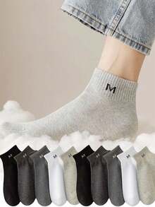 10/8/5 pares de calcetines de unicolor con letras que absorben la humedad y antideslizantes para hombres, calcetines cortos de alta elasticidad y transpirables, calcetines tobilleros esenciales unisex cómodos de usar en todas las estaciones - Multicolor - Ver 1