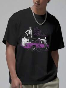 Purple Car and Characters Graphic Streetwear Style Soft Comfortable Crew Neck Short Sleeve Graphic Tee Streetwear Fashion Top for All Seasons Casual Streetwear Round Neck Tshirt - Negro - Ver 2